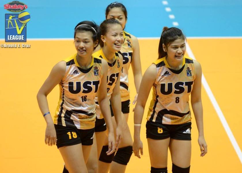 Ennajie Luare, the future of UST ball, in the midst of UST's veterans. (Arnold Cruz)