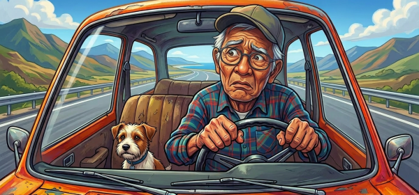 Elderly man driving an orange car looking confused with a dog and many confusing traffic signs outside