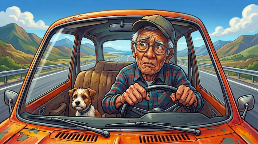 Elderly man driving an orange car looking confused with a dog and many confusing traffic signs outside