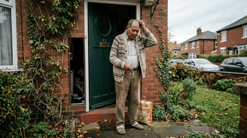 Elderly man standing outside green door of brick house, scratching his head, holding keys