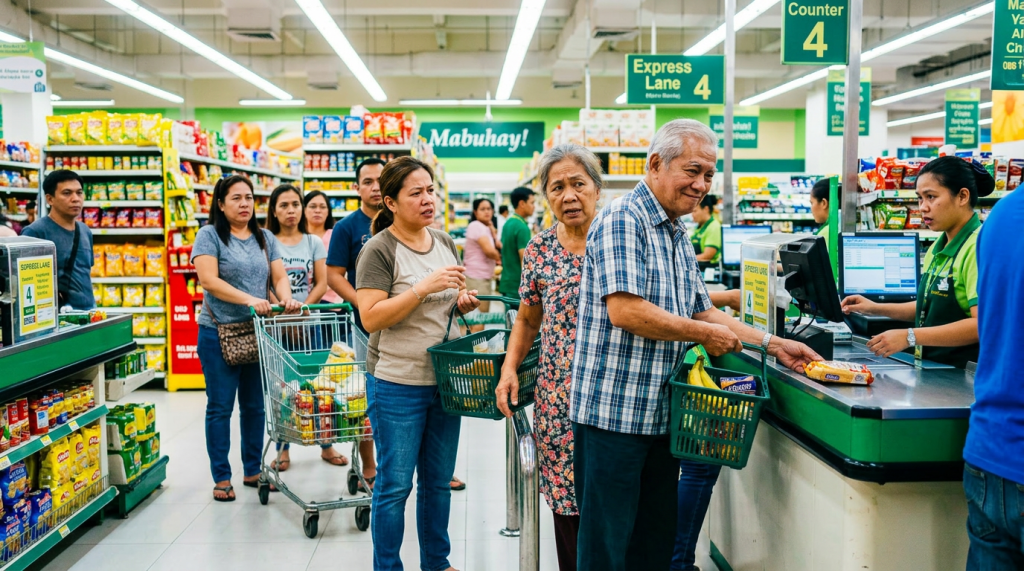 Shoppers in line at supermarket express checkout lane with cashier scanning items