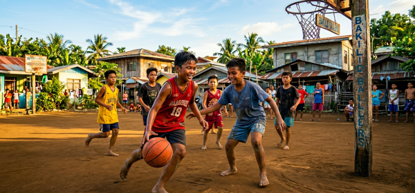 Children playing basketball barefoot on a sandy outdoor court in a village