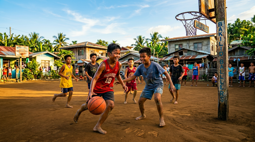 Children playing basketball barefoot on a sandy outdoor court in a village