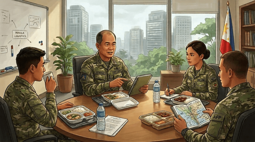 Four people having a meeting with lunch trays and tablets in an office