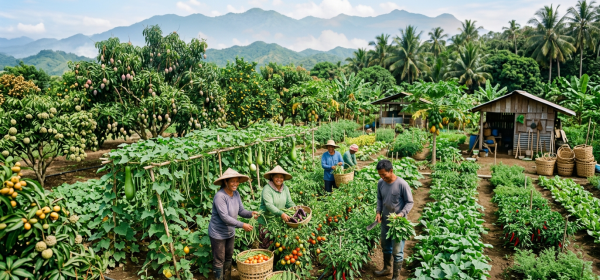 Farmers harvesting tomatoes, chili peppers, okra, and eggplants in a vibrant garden
