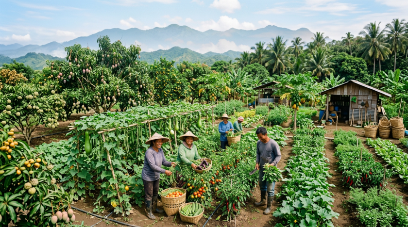 Farmers harvesting tomatoes, chili peppers, okra, and eggplants in a vibrant garden