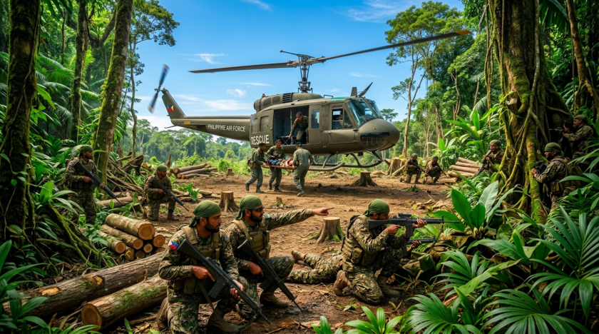 Make Huey drab green, thin jungle canopy, realistic evacuation clearing