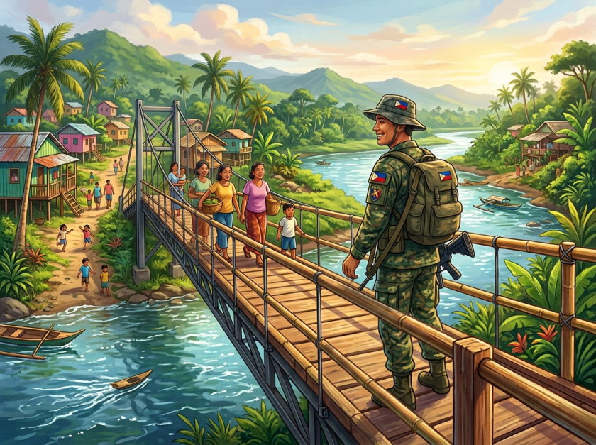 Soldier carrying rifle while walking across a tropical riverside bridge