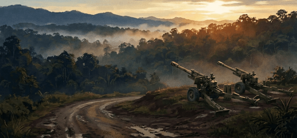 Two cannons overlooking a misty forested mountain valley at sunset