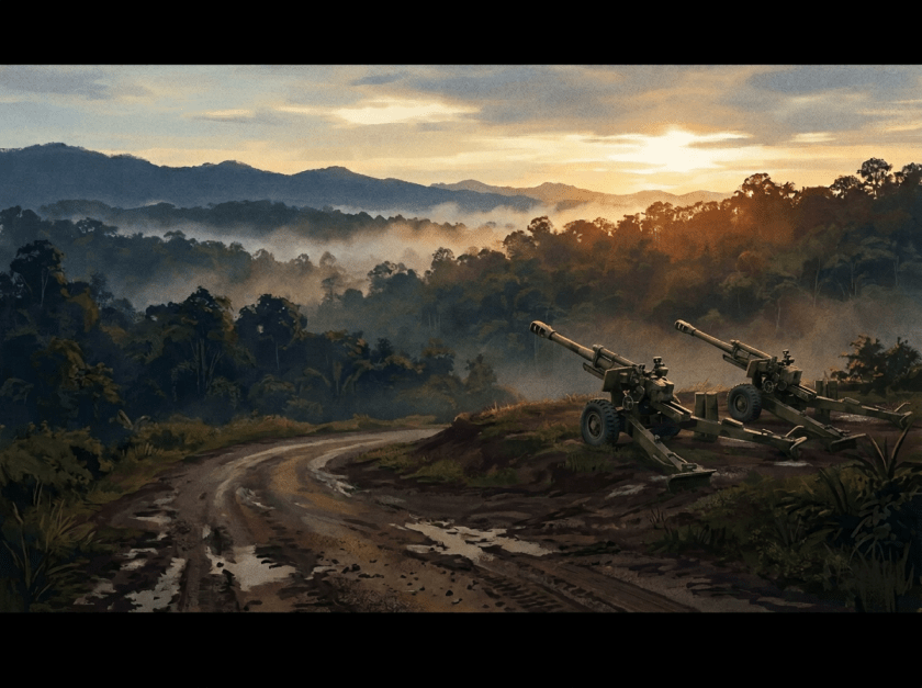Two cannons overlooking a misty forested mountain valley at sunset