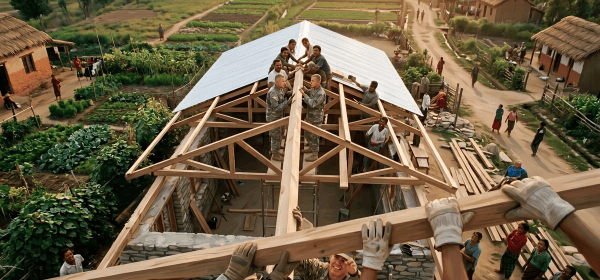 Soldiers and villagers raising wooden roof beams on a rural house