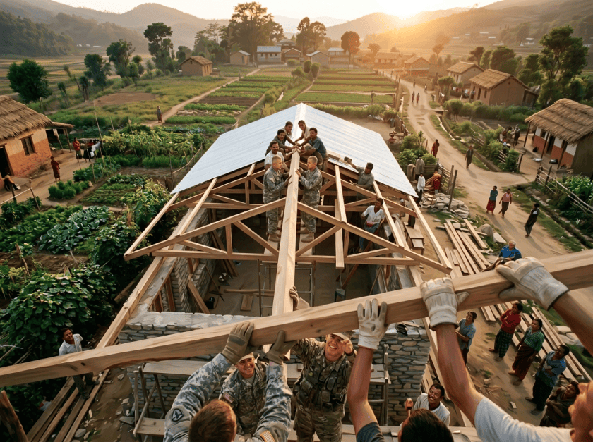 Soldiers and villagers raising wooden roof beams on a rural house