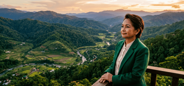 Woman in green blazer overlooking a terraced mountain valley at sunset