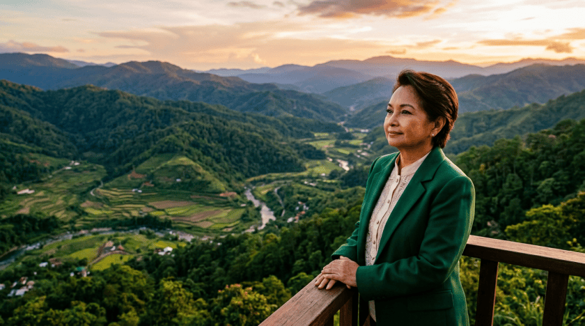 Woman in green blazer overlooking a terraced mountain valley at sunset